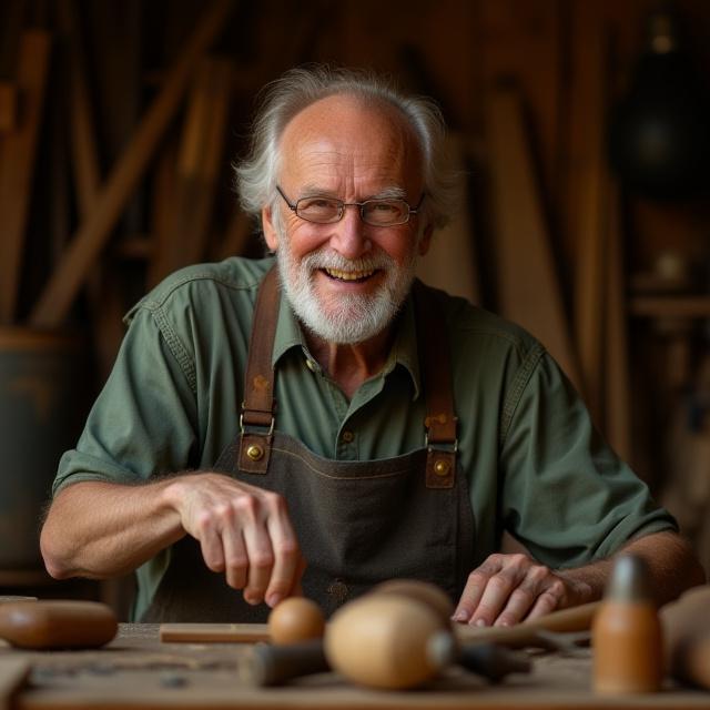 Portrett av en smilende eldre mannlig trearbeider med verktøy i et verksted
