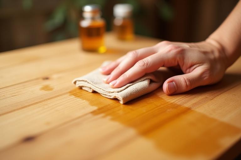 Hånd som påfører naturlig treolje på et nylig slipt trebord med en klut