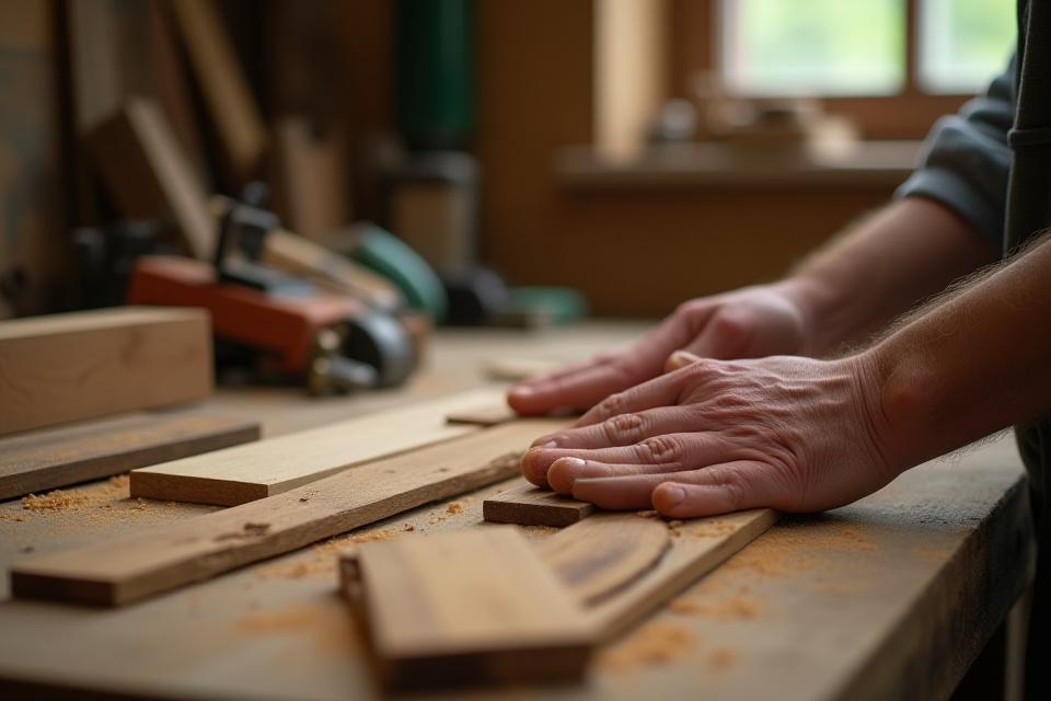 En håndverker som inspiserer forskjellige treprøver på et arbeidsbord i et snekkerverksted